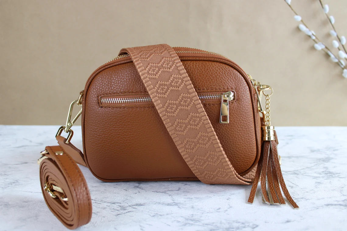 Gold Leather Bag Brown with Strap